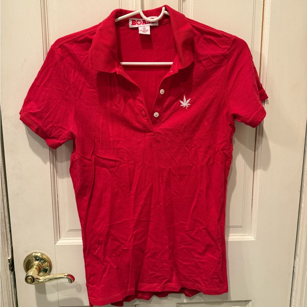Boast Women’s Red Polo Top with Embroidered Leaf